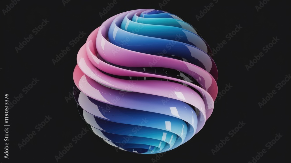 Poster Abstract 3D rendering of a sphere composed of swirling, glossy layers in pink and blue hues.