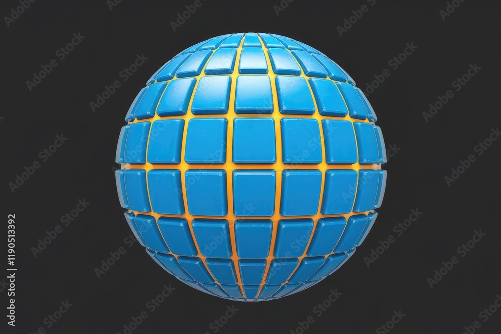 Leinwandbilder 3D rendering of a blue sphere composed of square tiles with yellow seams, creating a geometric pattern.