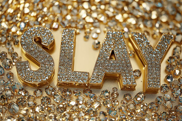 golden 3d letters spelling "slay" decorated with sparkling diamonds surrounded by reflective gems