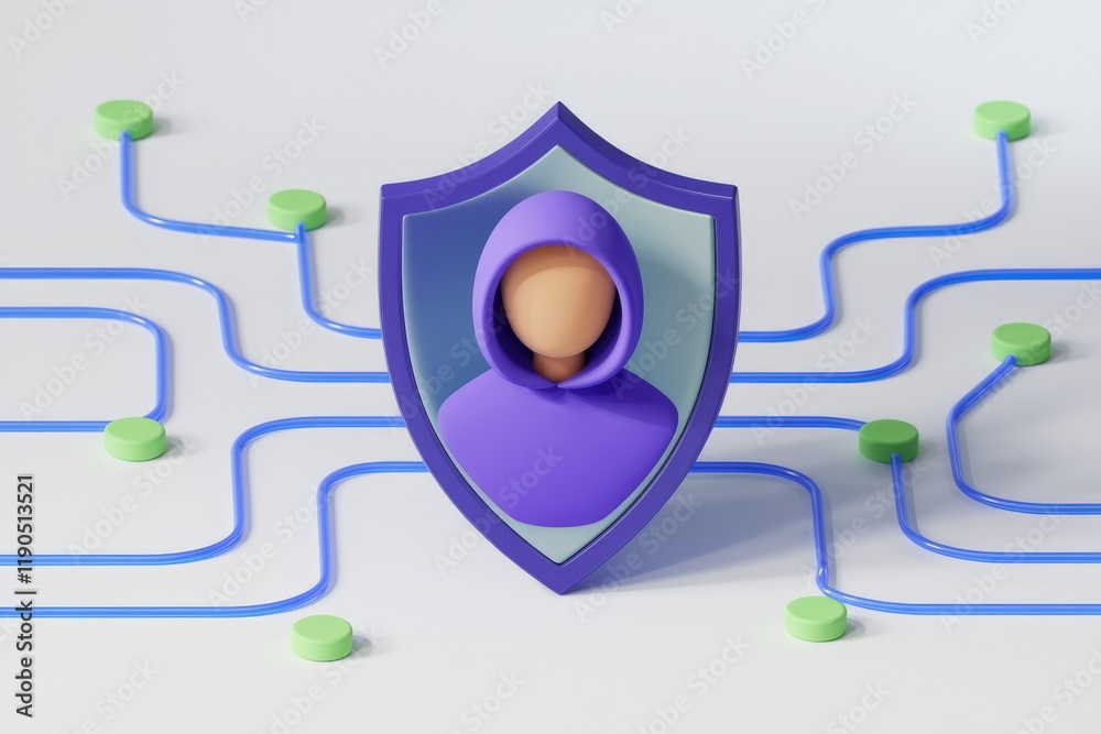 Aufkleber Protected user profile symbolized by a hooded figure inside a shield, connected to a network.