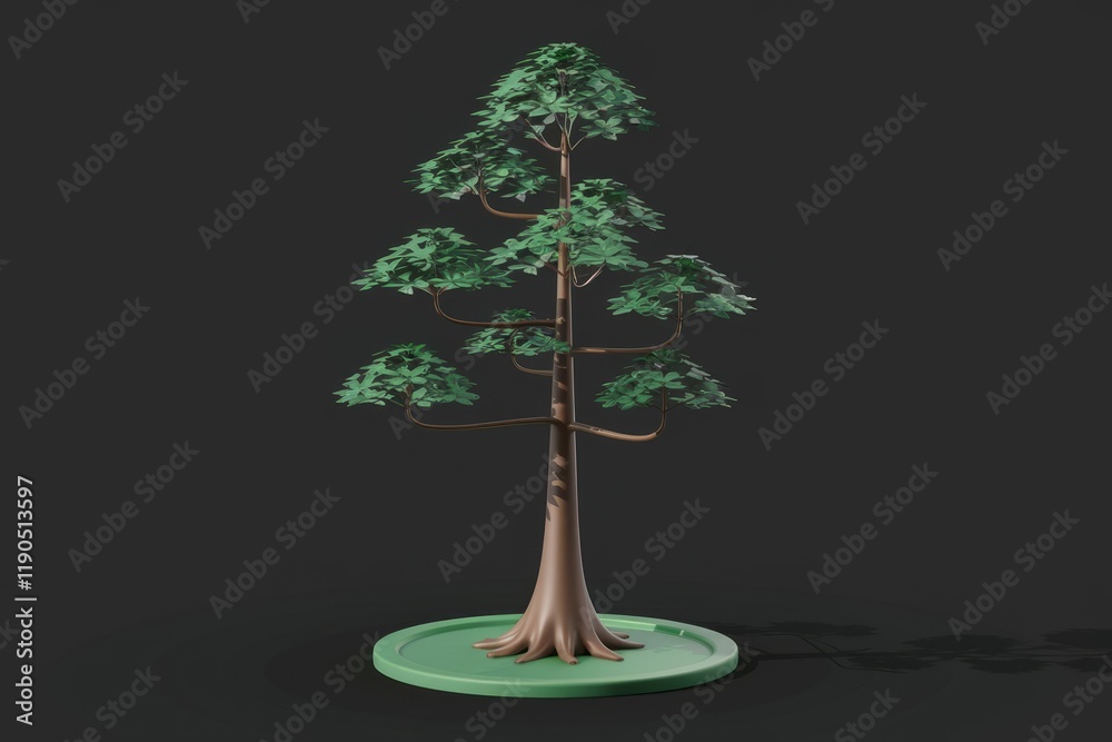 Poster stylized 3d model of a tree with a thick trunk and lush green foliage, rendered on a dark background