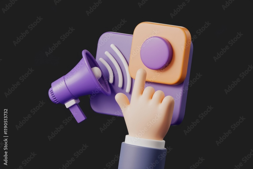 Poster 3d illustration of a hand interacting with a digital interface, promoting announcements through a me