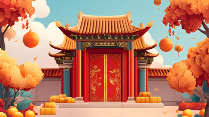 vector of a traditional Chinese gate adorned with red and gold decorations, surrounded by symbolic elements like oranges and gold ingots 