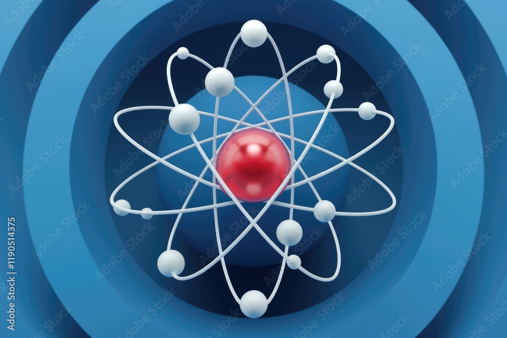 Poster A 3D model of an atom, showing the nucleus and orbiting electrons, illustrating atomic structure.