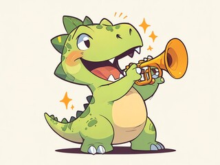 Adorable Cartoon Dinosaur Playing Trumpet