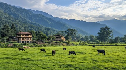 Serene Mountain Farm Landscape with Cows