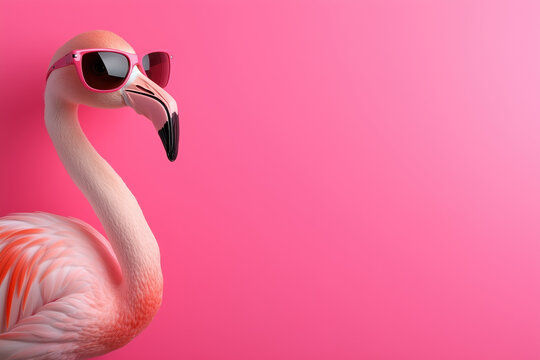 Pink flamingo wearing sunglasses against pink background. Summer fashion and humor concept