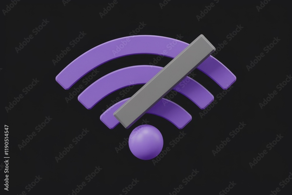 Poster 3d illustration of a purple wi-fi symbol with a grey cross signifying disabled connection.
