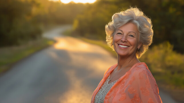 Senior woman in coral dress smiling at sunset on country road. Retirement and aging lifestyle