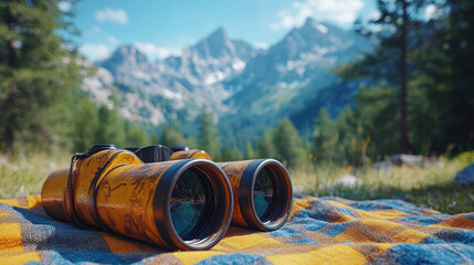 Binoculars lying on a picnic blanket, with mountains visible in the distance under a clear sky