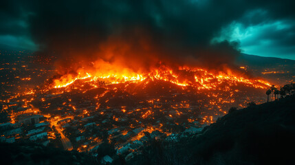 Hollywood hills Landscape Burning with Flame and Smoke During California Wildfire, Fallen log burns in California wildfire, Fire Fighting, Brush and Tree Landscape Burning with Flame and Smoke During 