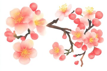 Delicate pink blossoms with soft petals and yellow centers gracefully arranged on branches, evoking a sense of spring and tranquility.