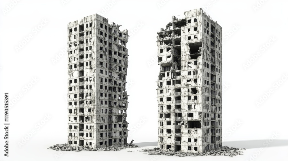 Poster 3D illustration of ruined skyscrapers buildings in a post-apocalyptic cityscape, showcasing collapsed structures and urban decay isolated on a white background, symbolizing destruction and disaster