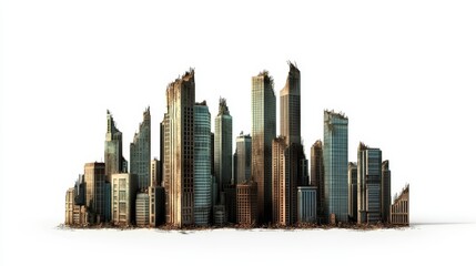 3D illustration of ruined skyscrapers buildings in a post-apocalyptic cityscape, showcasing collapsed structures and urban decay isolated on a white background, symbolizing destruction and disaster