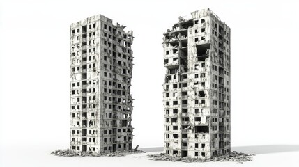 3D illustration of ruined skyscrapers buildings in a post-apocalyptic cityscape, showcasing collapsed structures and urban decay isolated on a white background, symbolizing destruction and disaster