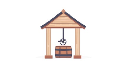 Wooden Well Structure with Barrel and Pulley System