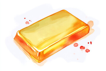 A shiny gold bar sits against a white background, highlighted with soft reflections and splashes of color.