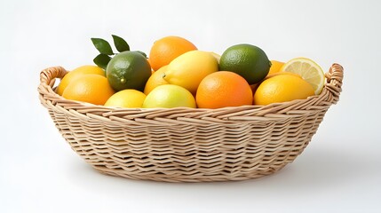 69. A simple basket filled with bright citrus fruits like lemons, limes, and oranges, placed on a white surface