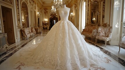 Luxurious wedding gown displayed in opulent mansion hallway.