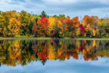 Fototapeta premium A tranquil lake reflecting a vibrant display of autumn foliage, showcasing natures beauty, A serene lake reflecting colorful trees in their fall glory