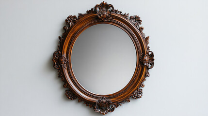 Isolated objects showcasing a single ornate vintage mirror with intricate details on a plain white backdrop
