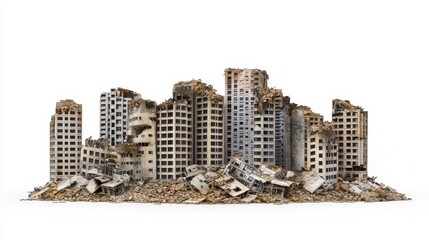 3D illustration of ruined skyscrapers buildings in a post-apocalyptic cityscape, showcasing collapsed structures and urban decay isolated on a white background, symbolizing destruction and disaster
