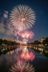 Stunning Fireworks Display Over Calm Water at Night with Reflections