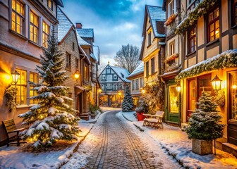 Fototapeta premium Charming Christmas Street, Old European Town - Festive Holiday Scene