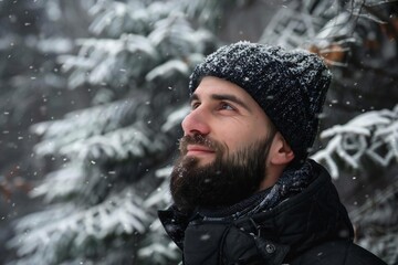 Handsome Caucasian Man with Beard in Winter Wonderland: Snow-Covered Fir Trees in Forest with Path
