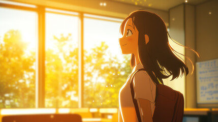 A cheerful anime schoolgirl smiling standing in a classroom