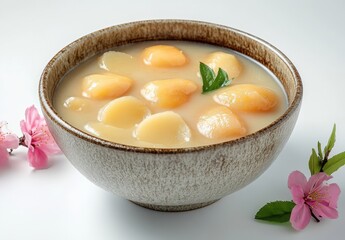 Delicious and Creamy Dessert Bowl of Soft and Sweet Peach Slices Floating in Coconut Milk Garnished with Fresh Mint and Surrounded by Beautiful Pink Flowers