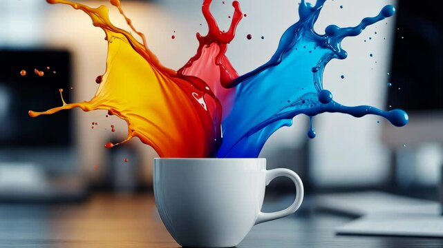 Cup of coffee with a splash of red, blue, and yellow paint. The splash of paint creates a sense of movement and energy