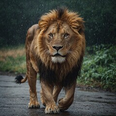 A lion shaking its mane after walking through the rain.