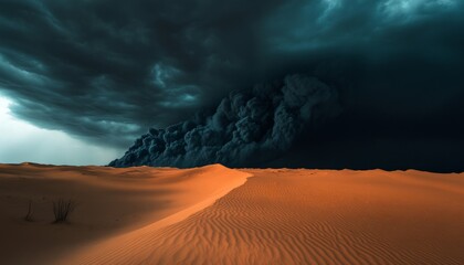 Dramatic desert landscape  fantasy background with dark sandy plains and stormy clouds