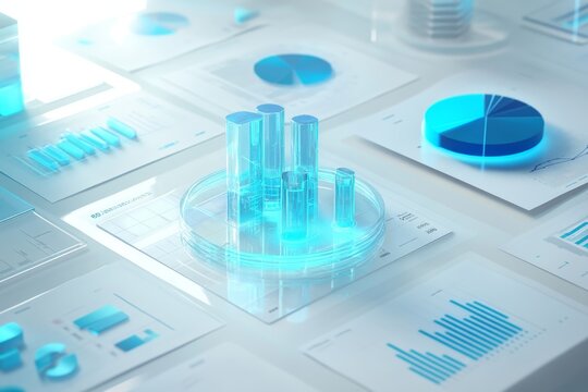 Hyper realistic 3d financial data visualization with bar and pie charts on clean white surface