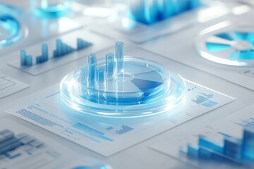 Hyper realistic 3d financial data visualization with glass bar chart and glossy pie chart