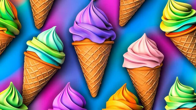 Row of colorful ice cream cones in a pattern. The cones are in various colors and sizes, and they are all placed in a row. The image has a playful and colorful mood, and it seems to be a fun