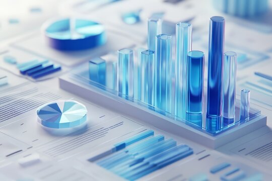 Realistic 3d data visualizations on financial reports  bar graphs, pie charts, and line trends