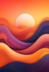 Abstract Sunset Landscape with Flowing Colorful Waves
