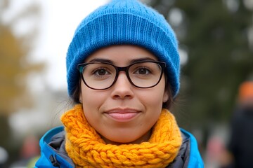 Woman in Blue Knit Hat and Orange Scarf
