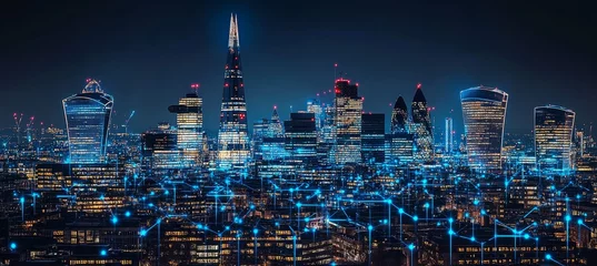 Fototapeten Connected City Skyline of London with Shard Outlined at Night, Futuristic Technology Concept © Ilja