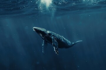 Fototapeta premium A lone humpback whale swims majestically through the deep ocean, sunlight filtering down from above, A majestic whale swimming gracefully in the deep blue ocean
