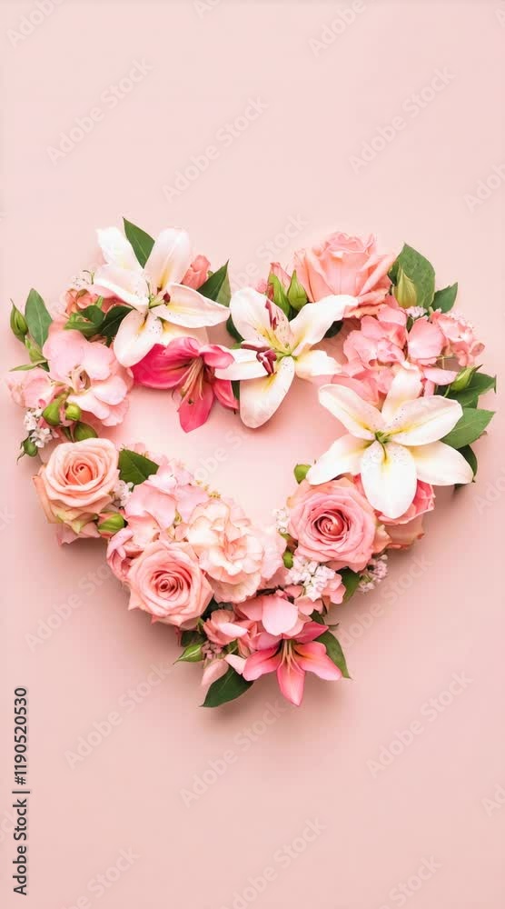 Poster pink and white lilies and roses forming a heart shape on a pink background create a romantic atmosph