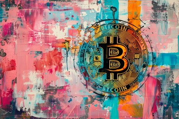 A digital artwork featuring a Bitcoin symbol superimposed on a vibrant abstract background,...