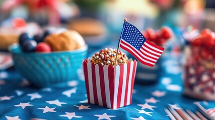 Obraz premium Patriotic treat in a red, white, and blue box with an American flag.