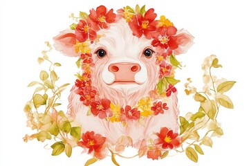 Fototapeta premium A cute illustration of a cow adorned with colorful flowers, exuding a cheerful and whimsical vibe.