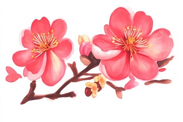 Naklejka premium Two vibrant pink cherry blossoms with delicate petals and intricate details, resting on a slender branch, exuding a sense of beauty and tranquility.