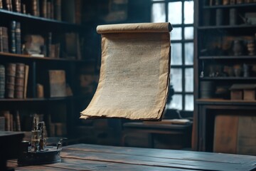 Ancient scroll floats in a dimly lit library filled with books and artifacts