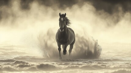 Obraz premium Majestic dark horse galloping through ocean waves, dust and mist.