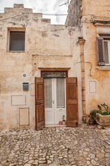 Close-up of a house in historical world heritage city of Matera, Puglia, Italy, la città dei sassi